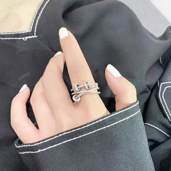 Корейски модни бижута, хит на продажбите, елегантен пръстен с цирконий, инкрустированное мед, елегантно луксозно дамско отворен пръстен за бала